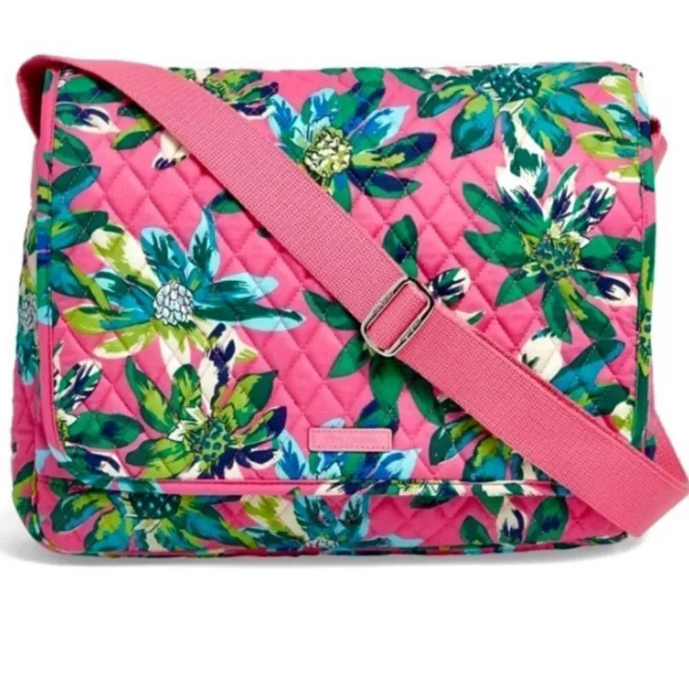 Vera Bradley LightenUp Tropical Paradise Pink Green Beige Messenger Shoulder Bag